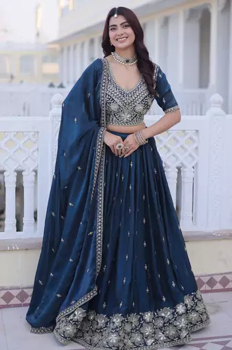 Navy Silk Blend Semi Stitched Lehenga Choli with Embroidery & Beads Work