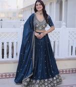 Navy Silk Blend Semi Stitched Lehenga Choli with Embroidery & Beads Work