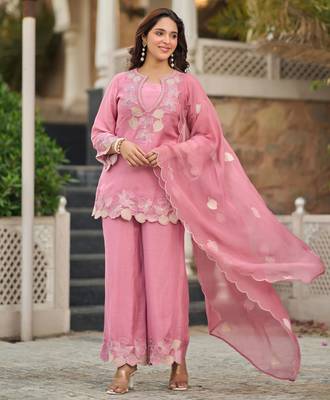 Pink party wear embroidery silk blend kurta with plazzo and dupatta 2