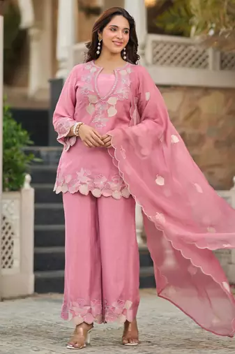 Pink party wear embroidery silk blend kurta with plazzo and dupatta