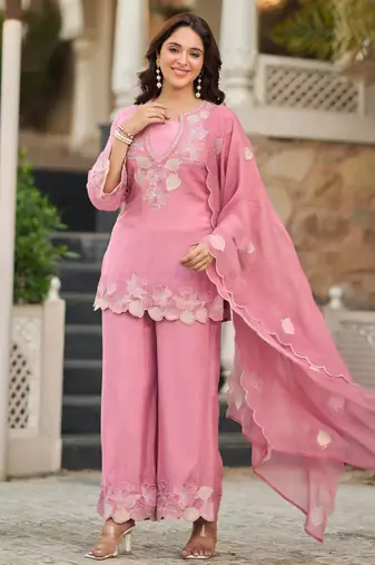 Pink party wear embroidery silk blend kurta with plazzo and dupatta