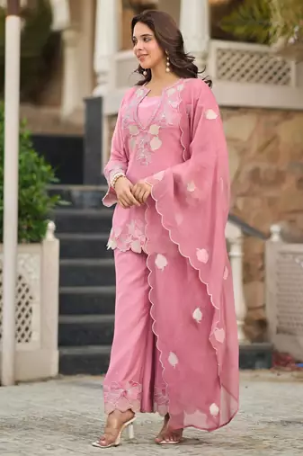 Pink party wear embroidery silk blend kurta with plazzo and dupatta