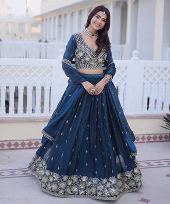 Navy Silk Blend Semi Stitched Lehenga Choli with Embroidery & Beads Work 3