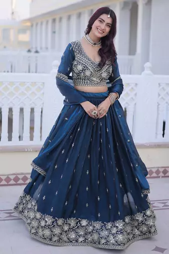 Navy Silk Blend Semi Stitched Lehenga Choli with Embroidery & Beads Work