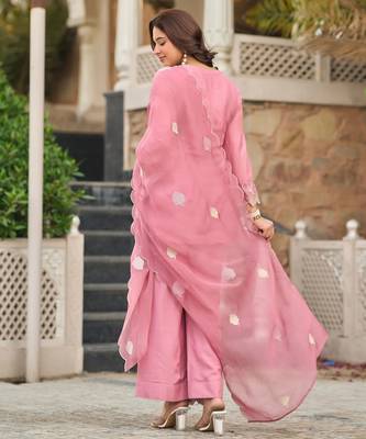 Pink party wear embroidery silk blend kurta with plazzo and dupatta 5
