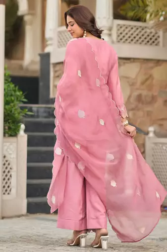 Pink party wear embroidery silk blend kurta with plazzo and dupatta