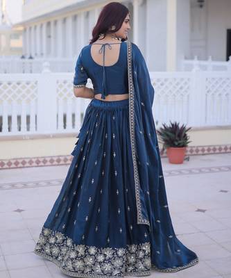 Navy Silk Blend Semi Stitched Lehenga Choli with Embroidery & Beads Work 4