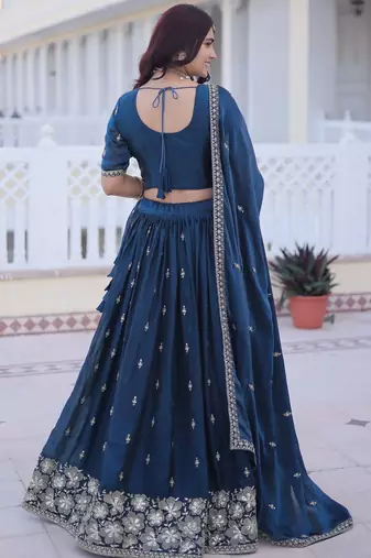 Navy Silk Blend Semi Stitched Lehenga Choli with Embroidery & Beads Work