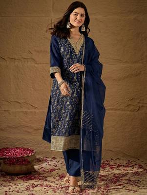 Blue party wear embroidery chanderi kurta with pant and dupatta 1