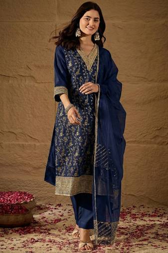 Blue party wear embroidery chanderi kurta with pant and dupatta