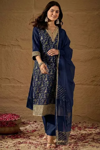 Blue party wear embroidery chanderi kurta with pant and dupatta