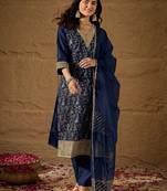 Blue party wear embroidery chanderi kurta with pant and dupatta