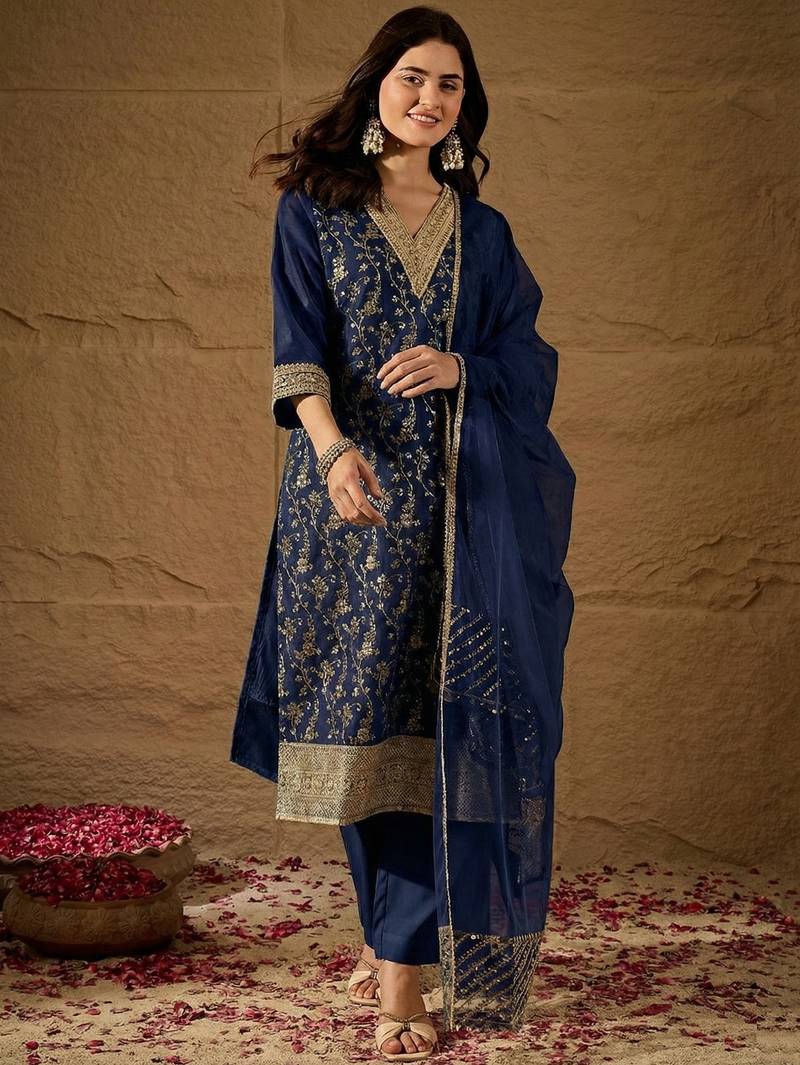 Blue party wear embroidery chanderi kurta with pant and dupatta