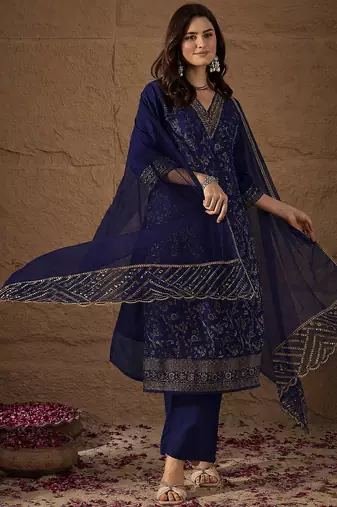 Blue party wear embroidery chanderi kurta with pant and dupatta