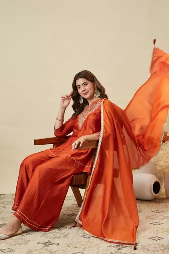 Rust party wear embroidery vichitra silk blend kurta with plazzo and dupatta