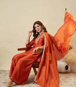 Rust party wear embroidery vichitra silk blend kurta with plazzo and dupatta