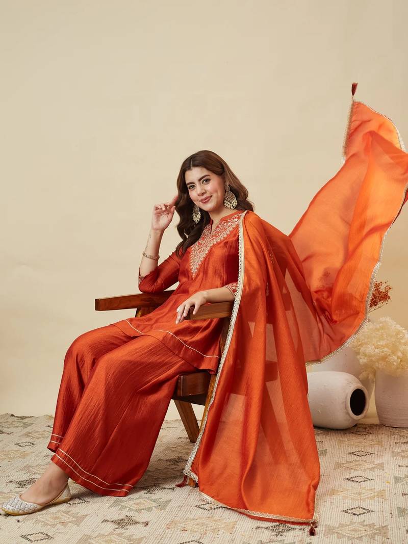 Rust party wear embroidery vichitra silk blend kurta with plazzo and dupatta