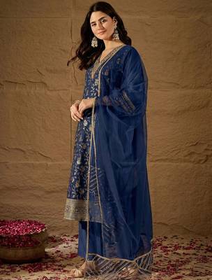 Blue party wear embroidery chanderi kurta with pant and dupatta 3