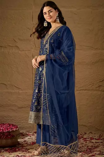 Blue party wear embroidery chanderi kurta with pant and dupatta