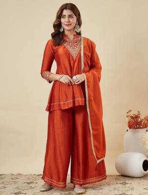 Rust party wear embroidery vichitra silk blend kurta with plazzo and dupatta 2