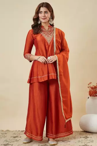 Rust party wear embroidery vichitra silk blend kurta with plazzo and dupatta