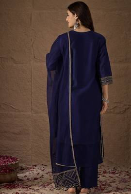Blue party wear embroidery chanderi kurta with pant and dupatta 4