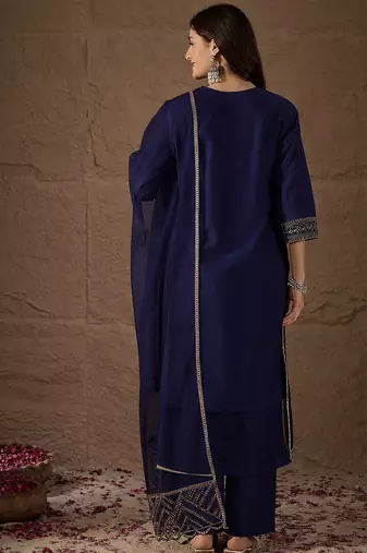 Blue party wear embroidery chanderi kurta with pant and dupatta