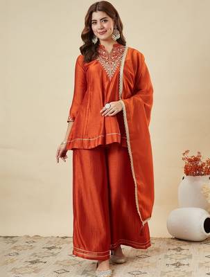 Rust party wear embroidery vichitra silk blend kurta with plazzo and dupatta 3