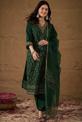 Green party wear embroidery chanderi kurta with pant and dupatta 1
