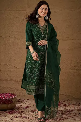 Green party wear embroidery chanderi kurta with pant and dupatta
