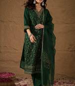 Green party wear embroidery chanderi kurta with pant and dupatta