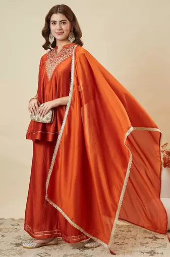 Rust party wear embroidery vichitra silk blend kurta with plazzo and dupatta