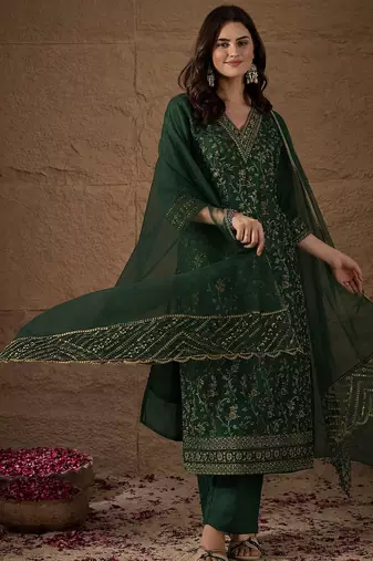 Green party wear embroidery chanderi kurta with pant and dupatta