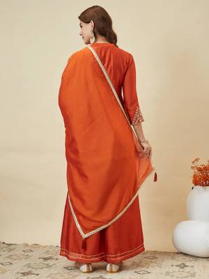 Rust party wear embroidery vichitra silk blend kurta with plazzo and dupatta 5