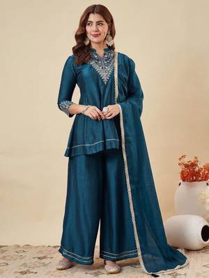 Rama party wear embroidery vichitra silk blend kurta with plazzo and dupatta 2