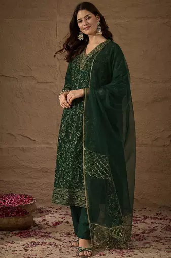 Green party wear embroidery chanderi kurta with pant and dupatta
