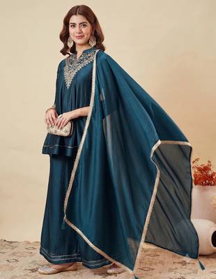 Rama party wear embroidery vichitra silk blend kurta with plazzo and dupatta 3