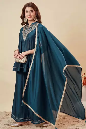 Rama party wear embroidery vichitra silk blend kurta with plazzo and dupatta