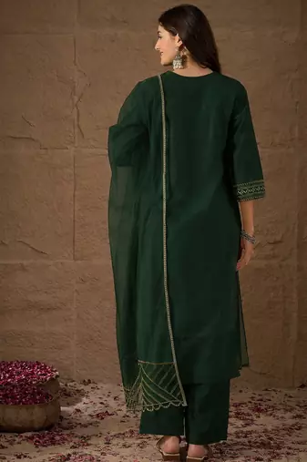 Green party wear embroidery chanderi kurta with pant and dupatta