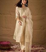 White party wear embroidery chanderi kurta with pant and dupatta