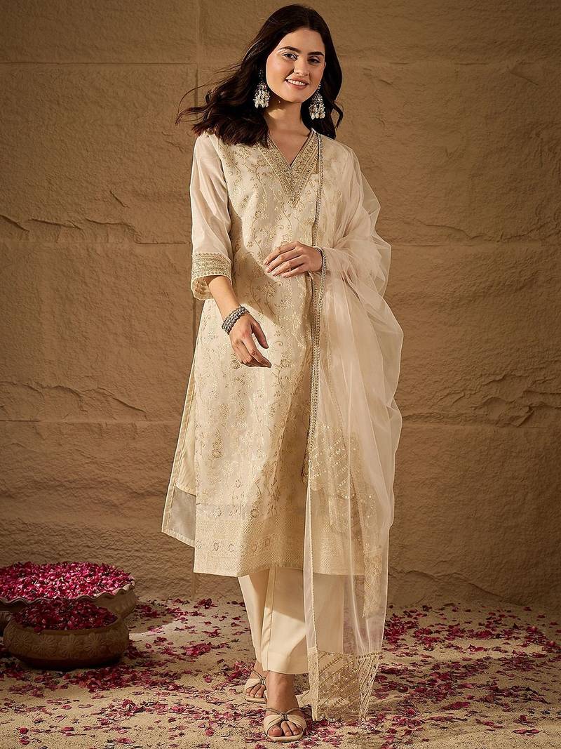 White party wear embroidery chanderi kurta with pant and dupatta