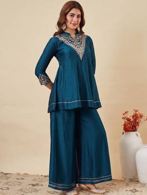 Rama party wear embroidery vichitra silk blend kurta with plazzo and dupatta 4
