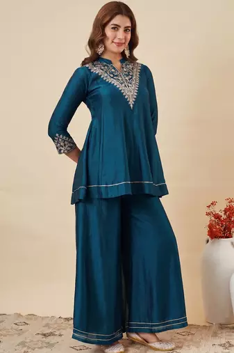 Rama party wear embroidery vichitra silk blend kurta with plazzo and dupatta