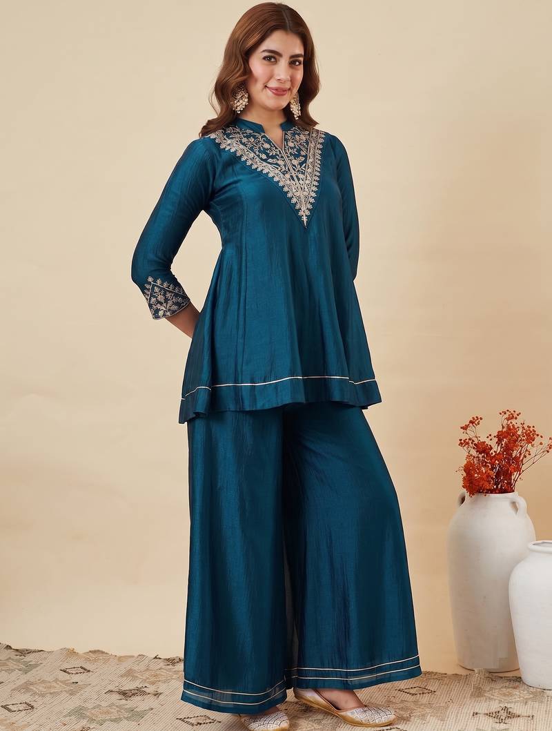 Rama party wear embroidery vichitra silk blend kurta with plazzo and dupatta