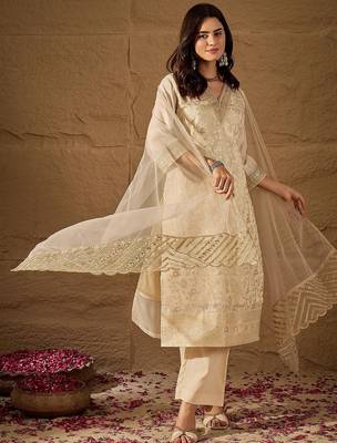 White party wear embroidery chanderi kurta with pant and dupatta 2
