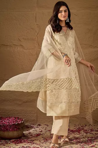 White party wear embroidery chanderi kurta with pant and dupatta