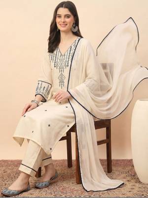 Cream party wear embroidery cotton blend kurta with pant and dupatta 1