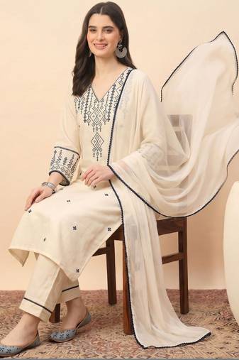Cream party wear embroidery cotton blend kurta with pant and dupatta