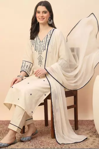 Cream party wear embroidery cotton blend kurta with pant and dupatta