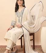 Cream party wear embroidery cotton blend kurta with pant and dupatta